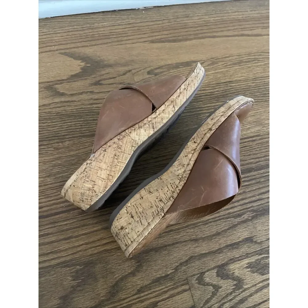 Born Leather Wedge Sandals Womens 9/40.5 Brown Criss Cross Slip On Comfort Sole